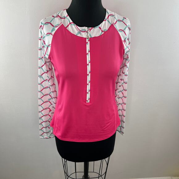 SANSOLEIL SolCool Pink White Long Sleeve Partial Zip Mock Neck Stretch Top Sz S - Picture 2 of 8